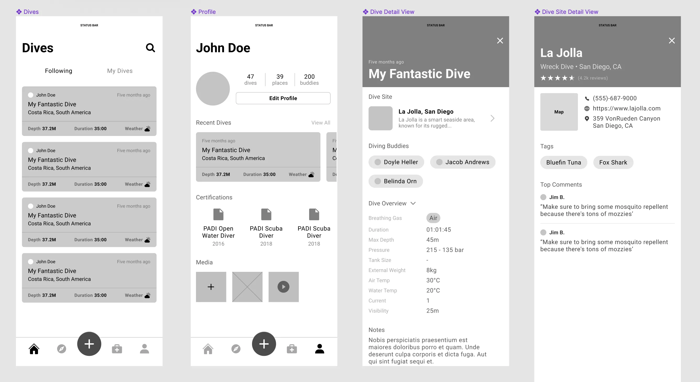 Several UI components would end up being revised as the feature set evolved. For example, a like/comment feature was added to the dive feed, which required a change in the card design.